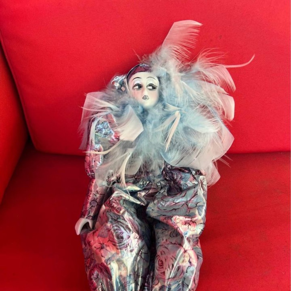Perriot Porcelain Clown Doll with Blue Feathers